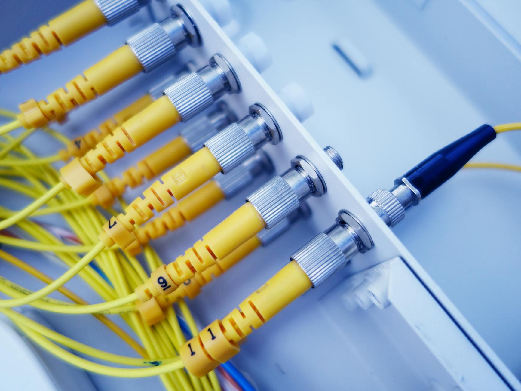Veri merkezi seviyesinde switch portlarının fiber ve bakır kabloyla yakın çekim görüntüsü