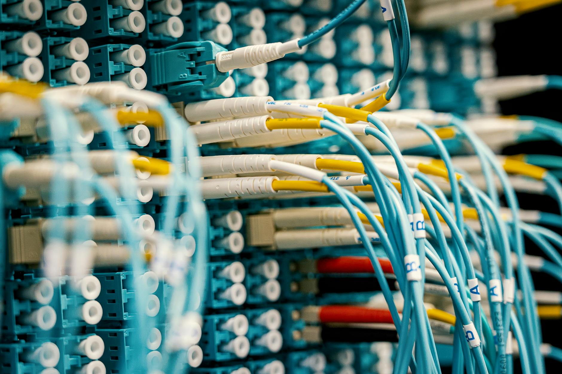 Veri merkezinde MikroTik donanım rack ve fiber bağlantıları